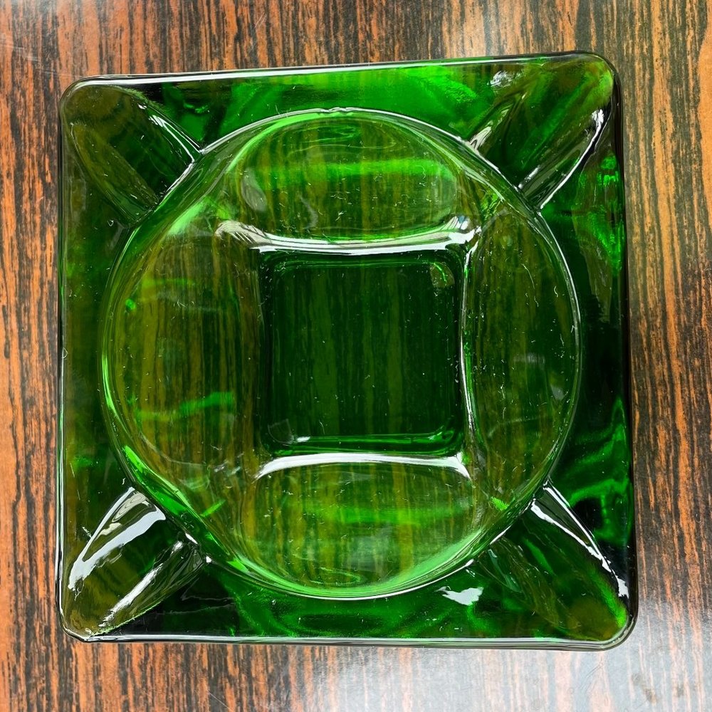 Vintage Fire King Forest Green Ashtray / Coin Dish Square Depression Glass